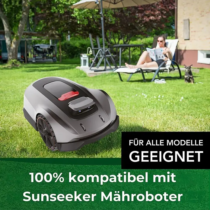 Genisys Ersatzmesser-Set für Mähroboter - Passend für: für SunSeeker, 9 Stk. - Ein grau-schwarzer Mähroboter, kompatibel mit Sunseeker-Modellen. Eine Person entspannt im Hintergrund.
