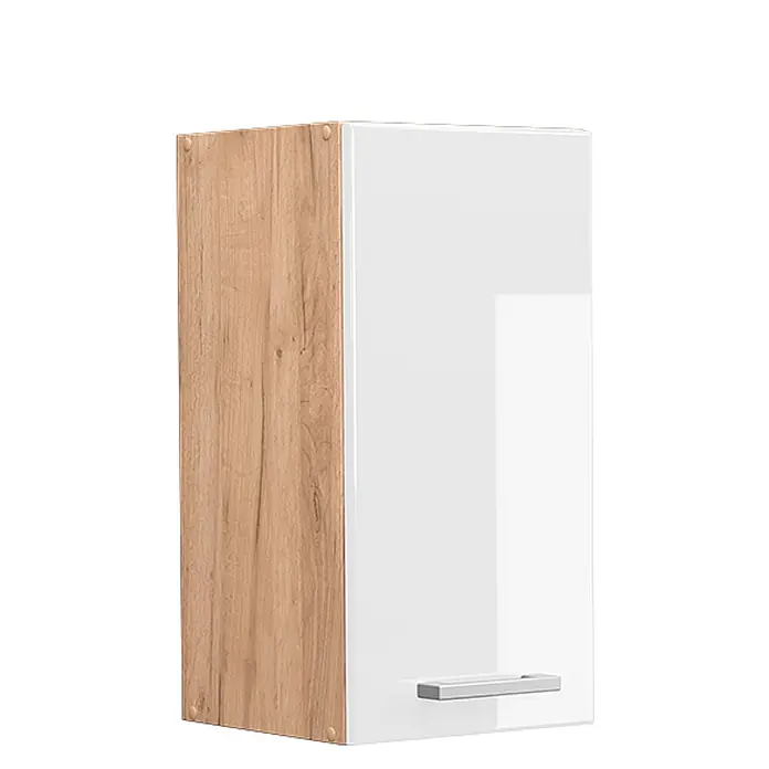 Vicco Schrankküche R-Line Weiß Hochglanz - Weiß Hochglanz, Hängeschrank 30 cm - Wandschrank mit heller Holzmaserung Seitenwand und glänzender weißer Tür mit silbernem Griff.