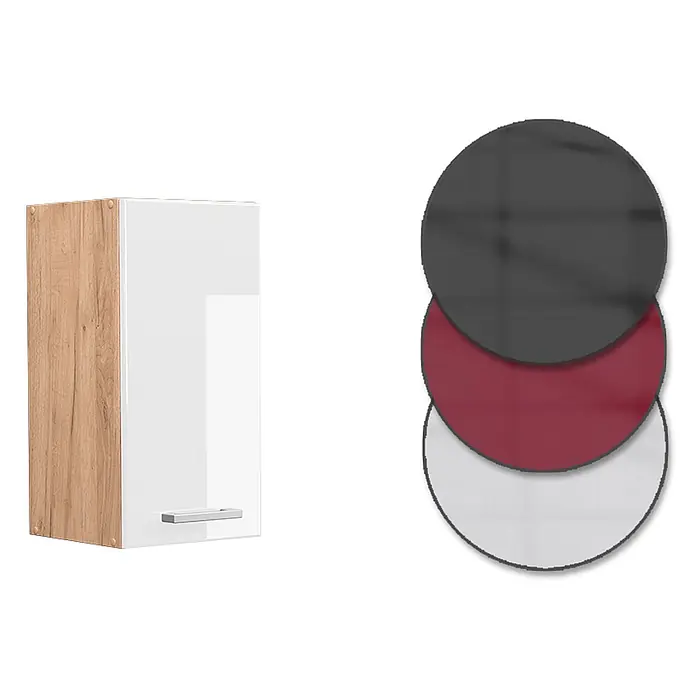 Vicco Schrankküche R-Line Weiß Hochglanz - Weiß Hochglanz, Hängeschrank 30 cm - Hängeschrank mit Holzdekor-Rahmen, weiß glänzender Tür, silbernem Griff und drei Farbmustern (Dunkelgrau, Bordeaux, Hellgrau).