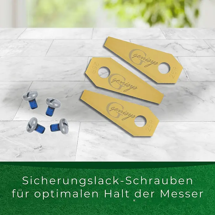 Genisys Ersatzmesser-Set für Mähroboter - Passend für: für Bosch, 18 Stk. - Drei goldene Genisys Klingen und vier Schrauben mit blauem Sicherungslack für optimalen Klingenhalt.
