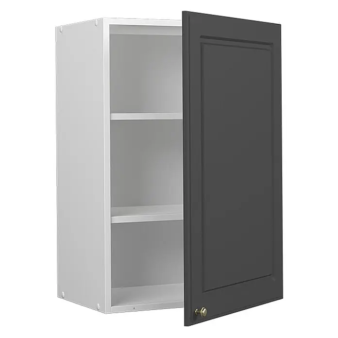 Vicco Schrankküche Fame-Line Anthrazit-Gold - Anthrazit-Gold Landhaus, Hängeschrank 50 cm - Weißer Wandschrank mit zwei Einlegeböden und einer geöffneten dunkelgrauen Rahmentür mit Messingknauf.