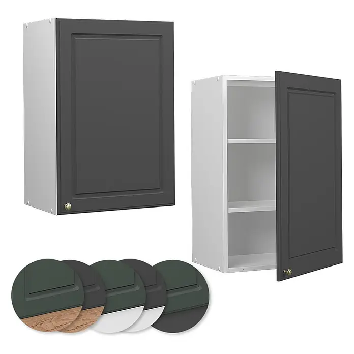 Vicco Schrankküche Fame-Line Anthrazit-Gold - Anthrazit-Gold Landhaus, Hängeschrank 50 cm - Zwei Küchenhängeschränke, einer geschlossen mit dunkelgrauer Tür, einer offen mit Regalböden. Farbmuster zeigen dunkelgraue, grüne, Holz- und weiße Optionen.