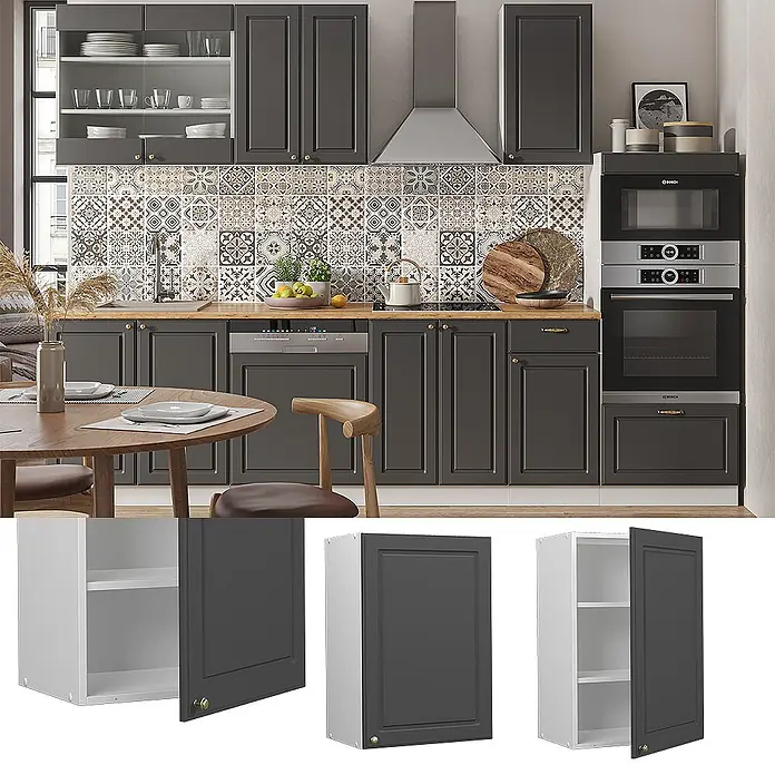 Vicco Schrankküche Fame-Line Anthrazit-Gold - Anthrazit-Gold Landhaus, Hängeschrank 50 cm - Dunkelgraue Küchenschränke mit klassischen Türen und Messingknöpfen, als komplette Küche und Einzelteile gezeigt.