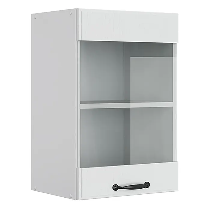 Vicco Schrankküche R-Line Weiß Landhaus - Weiß Landhaus, Hängeglasschrank 40 cm - Weißer Hängeschrank mit Glasfront, einem Einlegeboden und einer Bodenschublade mit schwarzem Griff.