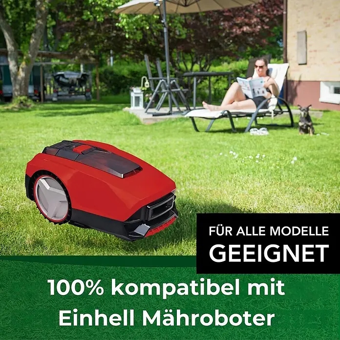 Genisys Ersatzmesser-Set für Mähroboter - Passend für: für Einhell, 30 Stk. - Roter und schwarzer Mähroboter in einem Garten. Eine Person entspannt im Hintergrund.