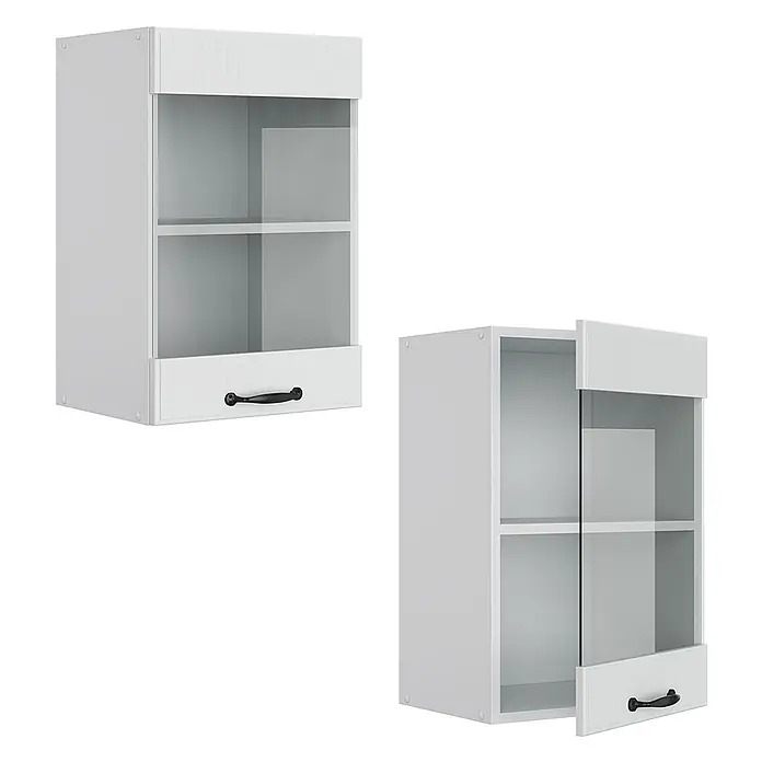 Vicco Schrankküche R-Line Weiß Landhaus - Weiß Landhaus, Hängeglasschrank 40 cm - Zwei weiße Wandschränke mit Holzoptik, Glastüren und schwarzen Griffen. Einer geschlossen, einer offen mit Regalböden.