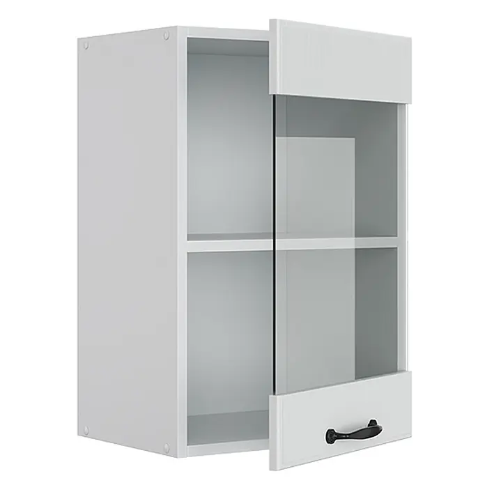 Vicco Schrankküche R-Line Weiß Landhaus - Weiß Landhaus, Hängeglasschrank 40 cm - Weißer Wandschrank mit teiloffener Glastür, schwarzem Griff und zwei Einlegeböden.