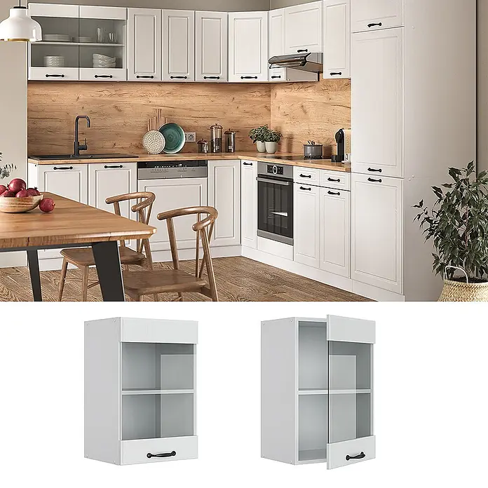 Vicco Schrankküche R-Line Weiß Landhaus - Weiß Landhaus, Hängeglasschrank 40 cm - Weißer Küchen-Hängeschrank mit Glastür und Schublade mit schwarzem Griff, in einer modernen Küche.