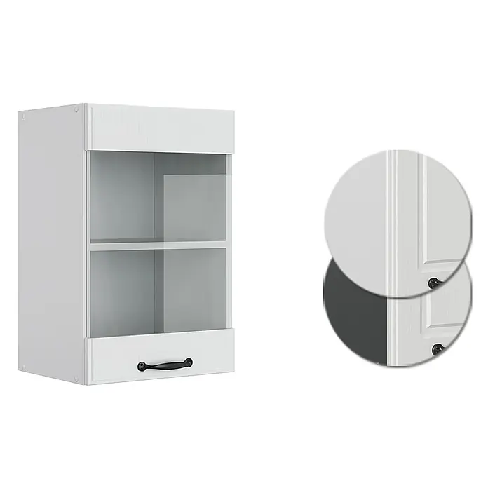 Vicco Schrankküche R-Line Weiß Landhaus - Weiß Landhaus, Hängeglasschrank 40 cm - Weißer Hängeschrank mit Glasfront, zwei Einlegeböden und kleiner Schublade mit schwarzem Griff.