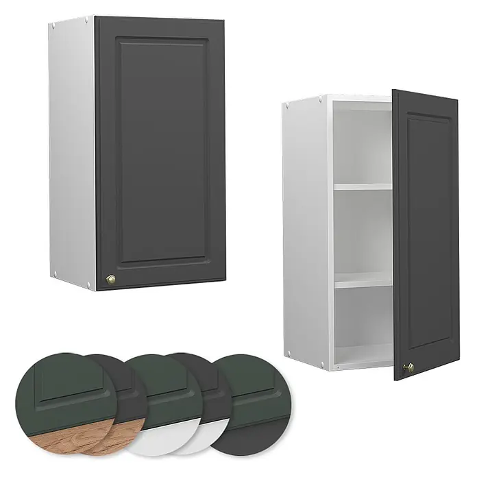Vicco Schrankküche Fame-Line Anthrazit-Gold - Anthrazit-Gold, Hängeschrank 40 cm - Dunkelgrauer Wandschrank, geschlossen und offen mit weißen Regalböden, mit verschiedenen Oberflächenoptionen.