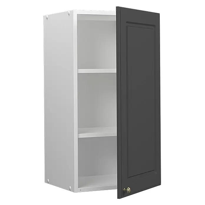 Vicco Schrankküche Fame-Line Anthrazit-Gold - Anthrazit-Gold, Hängeschrank 40 cm - Weißer Küchenoberschrank mit leicht geöffneter dunkelgrauer Tür, zwei weißen Einlegeböden und einem goldenen Knopf.