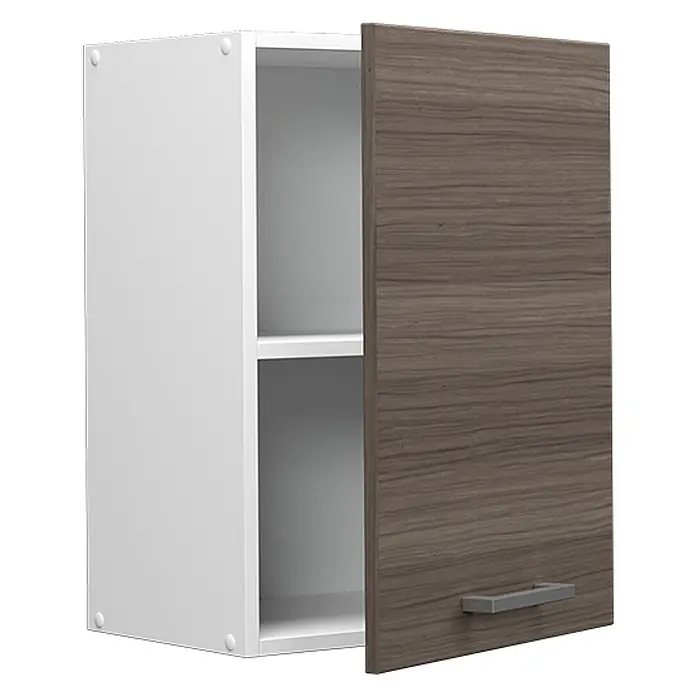 Vicco Schrankküche R-Line Edelgrau - Edelgrau, Hängeschrank 45 cm - Weißer Wandschrank mit teilweise geöffneter, brauner Holzmaserungstür und Metallgriff, zeigt ein Innenregal.