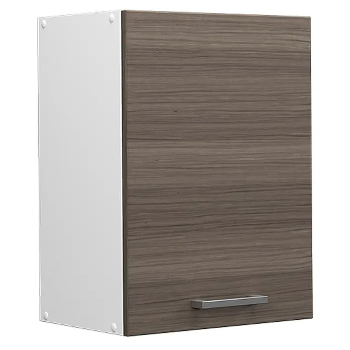 Vicco Schrankküche R-Line Edelgrau - Edelgrau, Hängeschrank 45 cm - Wandschrank mit weißer Seitenwand und brauner Holzmaserungstür mit silbernem Griff.