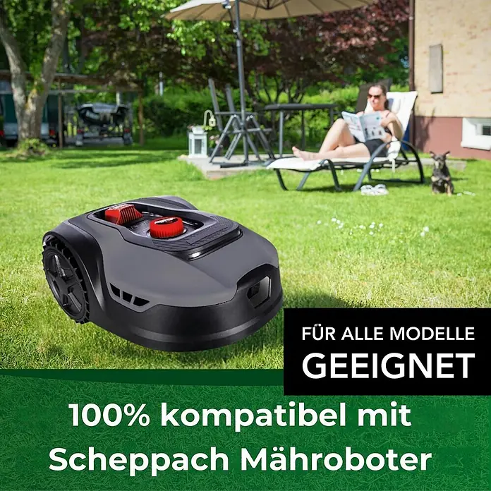 Genisys Ersatzmesser-Set für Mähroboter Ersatz Titan Messer Klingen für Scheppach Practixx Mähroboter - bruchsicher - Passend für: für Scheppach / Practixx, 30 Stk. - Dunkelgrauer Mähroboter mit roten Akzenten auf grünem Rasen in einem Garten.