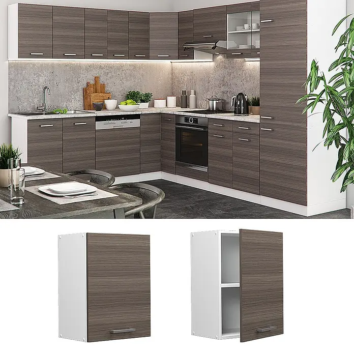 Vicco Schrankküche R-Line Edelgrau - Edelgrau, Hängeschrank 45 cm - Moderne Küche mit dunkelbraunen Holzmaserungsschränken, weißen Arbeitsplatten und integrierten Geräten.