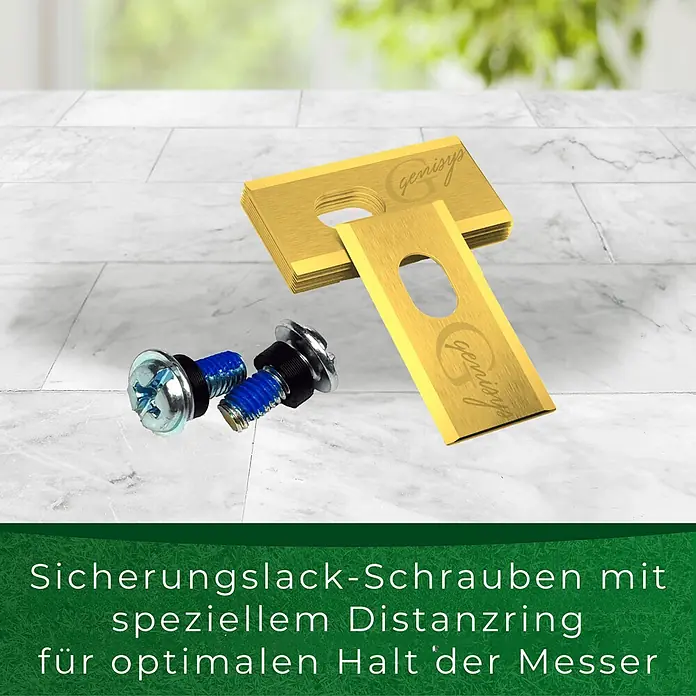 Genisys Ersatzmesser-Set für Mähroboter - Passend für: Dreame Mova, 12 Stk. - Goldene Robotermäher-Messer und Schrauben mit blauem Sicherungslack und schwarzen Distanzringen für optimalen Halt.