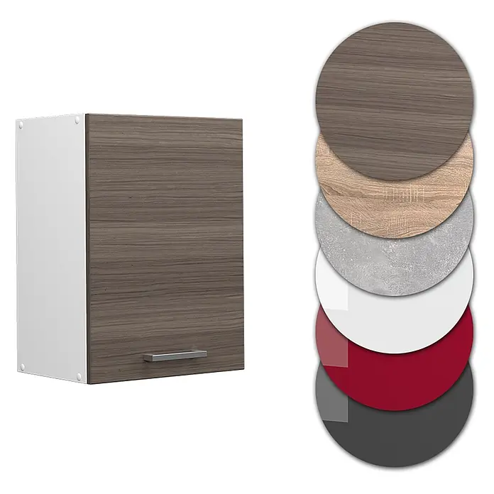 Vicco Schrankküche R-Line Edelgrau - Edelgrau, Hängeschrank 45 cm - Eintüriger Küchenoberschrank mit dunkler Holzmaserungstür, weißen Seiten und silbernem Griff.
