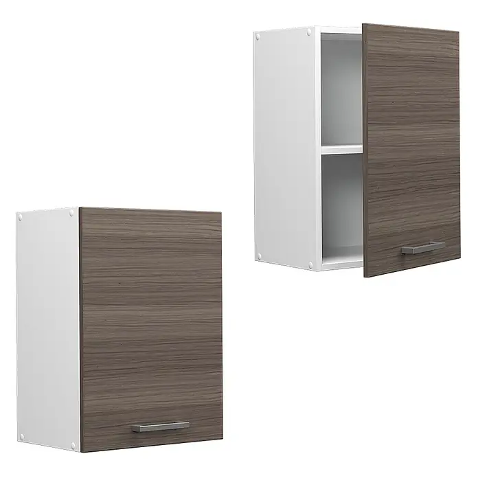 Vicco Schrankküche R-Line Edelgrau - Edelgrau, Hängeschrank 45 cm - Zwei Hängeschränke: einer geschlossen, einer offen mit Regal. Beide haben weiße Rahmen und dunkelbraune Holztüren mit silbernen Griffen.