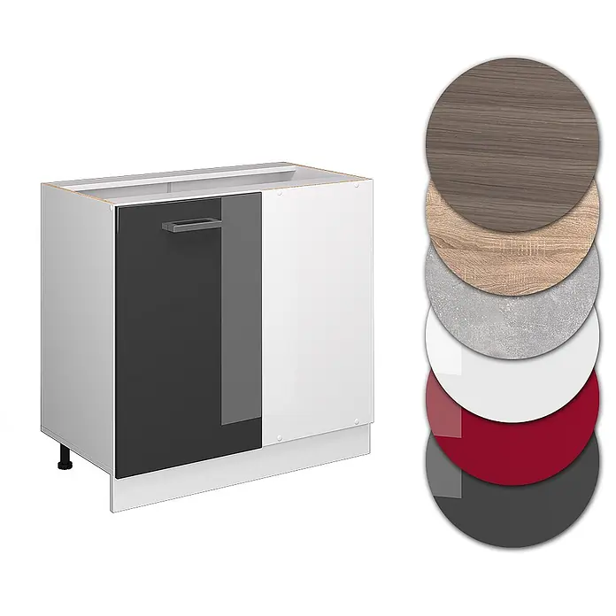 Vicco Schrankküche R-Line Anthrazit Hochglanz ohne Arbeitsplatte - Breite: 86 cm, Anthrazit Hochglanz, Eckunterschrank 86 cm - Küchen-Eckunterschrank mit dunkelgrauer Tür und weißer Seitenwand, mit Farb- und Materialmustern.