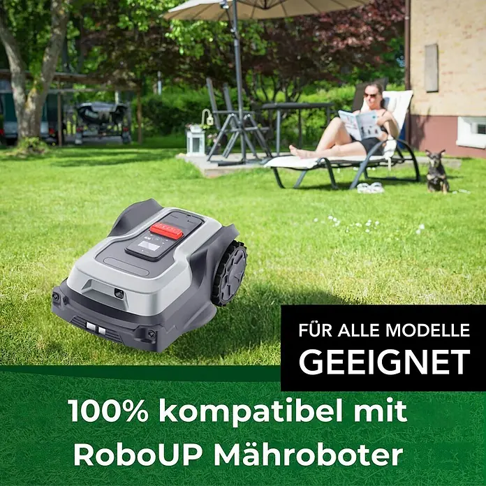 Genisys Ersatzmesser-Set für Mähroboter - Passend für: für RoboUP, 9 Stk. - Ein grauer und schwarzer Mähroboter mit rotem Stoppknopf mäht Rasen in einem grünen Garten.