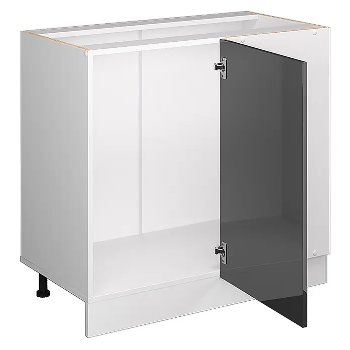 Vicco Schrankküche R-Line Anthrazit Hochglanz ohne Arbeitsplatte - Breite: 86 cm, Anthrazit Hochglanz, Eckunterschrank 86 cm - Weißer Küchenunterschrank mit teilweise geöffneter dunkelgrauer Tür und verstellbaren Füßen.