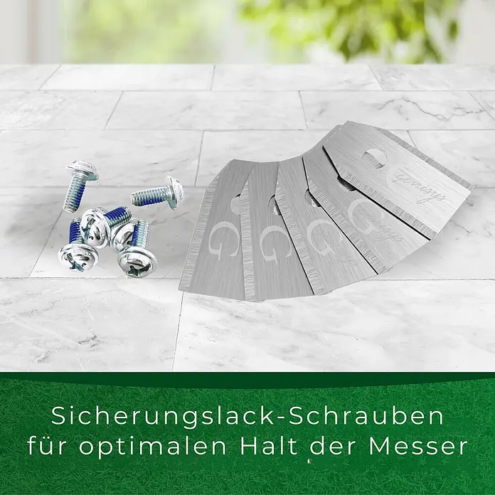 Genisys Ersatzmesser-Set für Mähroboter - Passend für: für SunSeeker, 9 Stk. - Metallklingen und silberne Schrauben mit blauem Sicherungslack für optimalen Halt, auf einer hellen Marmorfläche.