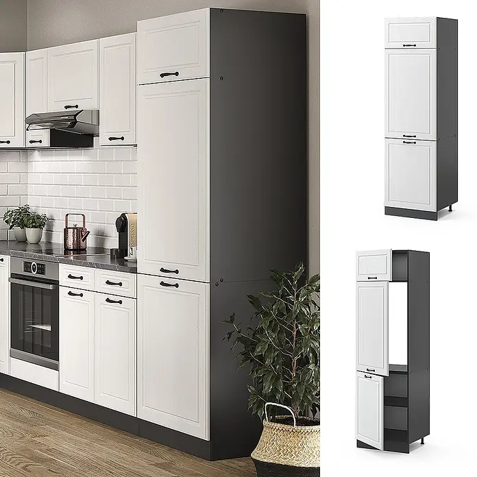Vicco Schrankküche R-Line Weiß Landhaus - Weiß Landhaus, Kühlumbauschrank 60 cm - Weiße Küchenschränke mit Kassettentüren und schwarzen Griffen, mit hohem Schrankelement und dunkelgrauen Seiten, integriert in eine Küche.