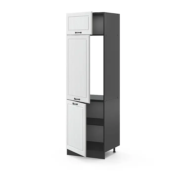 Vicco Schrankküche R-Line Weiß Landhaus - Weiß Landhaus, Kühlumbauschrank 60 cm - Hoher Küchenschrank mit dunkelgrauem Korpus und weißen Holzeffekt-Türen. Obere und untere Türen sind offen.