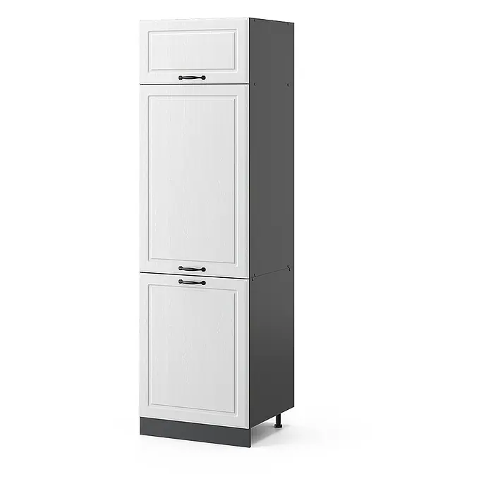 Vicco Schrankküche R-Line Weiß Landhaus - Weiß Landhaus, Kühlumbauschrank 60 cm - Hoher weißer Küchenschrank mit strukturierten Türen, schwarzen Griffen, dunkelgrauem Rahmen und Sockelleiste auf verstellbaren Füßen.