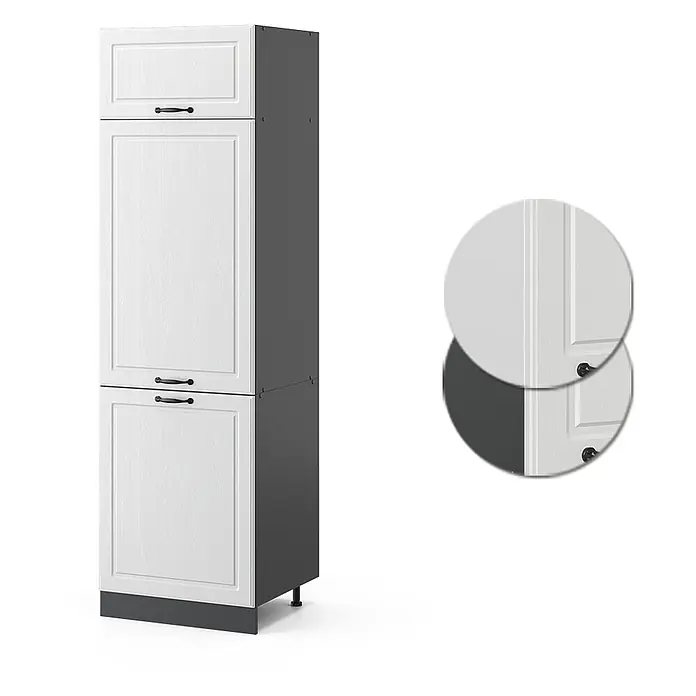 Vicco Schrankküche R-Line Weiß Landhaus - Weiß Landhaus, Kühlumbauschrank 60 cm - Hoher Schrank in Weiß und Dunkelgrau mit Kassettentüren, Holzmaserung und schwarzen Griffen.