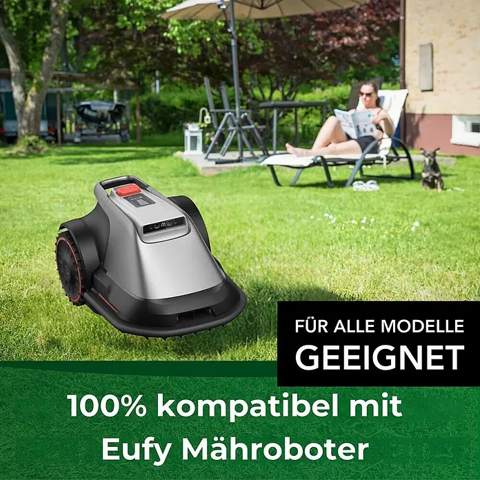 Genisys Ersatzmesser-Set für Mähroboter - Passend für: für Eufy, 30 Stk. - Ein silberner und schwarzer Mähroboter mit roten Akzenten. Text: 'FÜR ALLE MODELLE GEEIGNET', '100% kompatibel mit Eufy Mähroboter'.