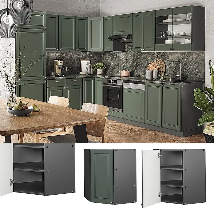 Vicco Schrankküche Fame-Line Grün-Gold Landhaus - Grün-Gold Landhaus, Eckhängeschrank 57 cm - Komplette Küche mit dunkelgrünen Modulschränken und dunkler Marmorarbeitsplatte. Einzelne Schrankelemente zeigen Innenregaloptionen.