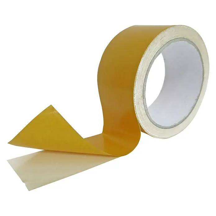 Nortene Cinta adhesiva de dos caras Duplo Tapefix - Largo: 10 m - Un rollo de cinta adhesiva de doble cara con soporte amarillo y revestimiento protector parcialmente retirado, ideal para diversas aplicaciones.