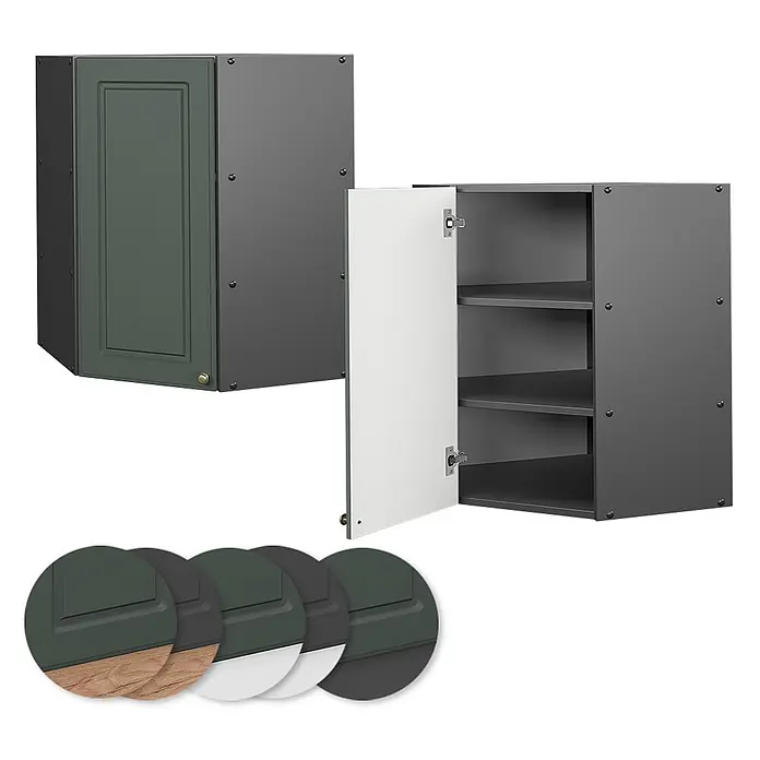 Vicco Schrankküche Fame-Line Grün-Gold Landhaus - Grün-Gold Landhaus, Eckhängeschrank 57 cm - Modulare Küchenschränke: dunkelgrüner Eckschrank und ein offener dunkelgrauer Wandschrank mit weißer Tür, dazu Farbmuster.
