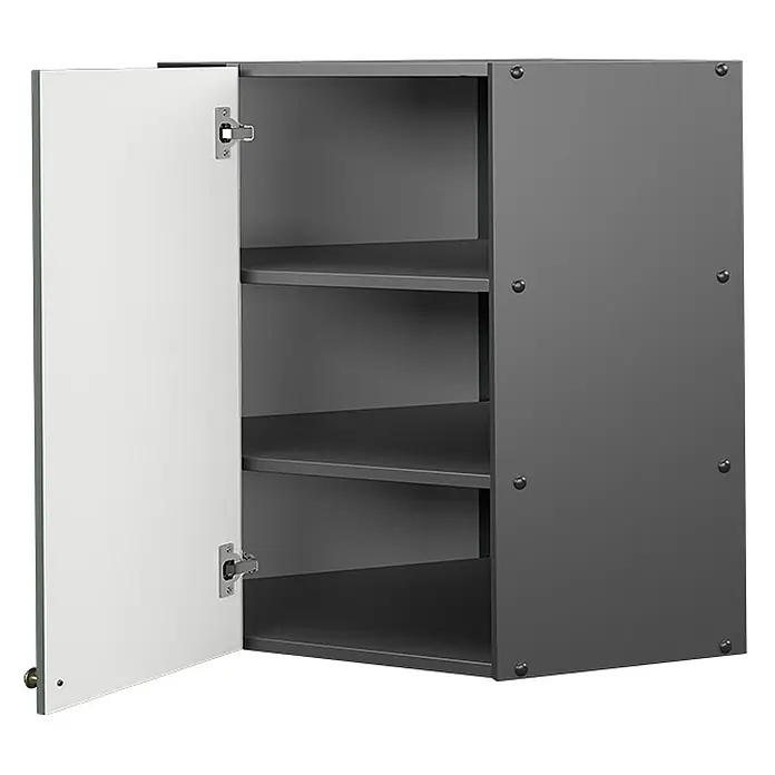 Vicco Schrankküche Fame-Line Grün-Gold Landhaus - Grün-Gold Landhaus, Eckhängeschrank 57 cm - Dunkelgrauer Wandschrank mit offener weißer Tür und drei grauen Einlegeböden.