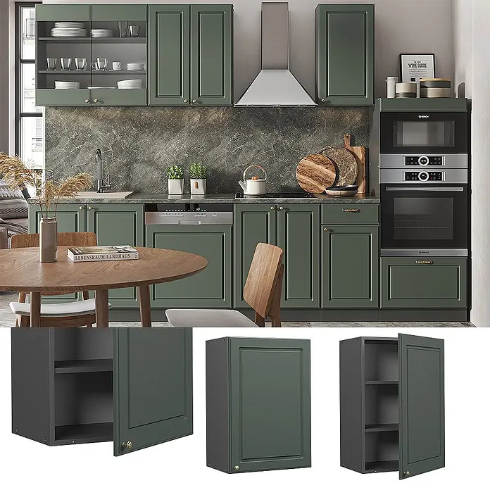 Vicco Schrankküche Fame-Line Grün-Gold Landhaus - Grün-Gold Landhaus, Hängeschrank 50 cm - Grüne Küchenschränke in einer modernen Küche, offene und geschlossene Türen zeigen Ablagefächer.