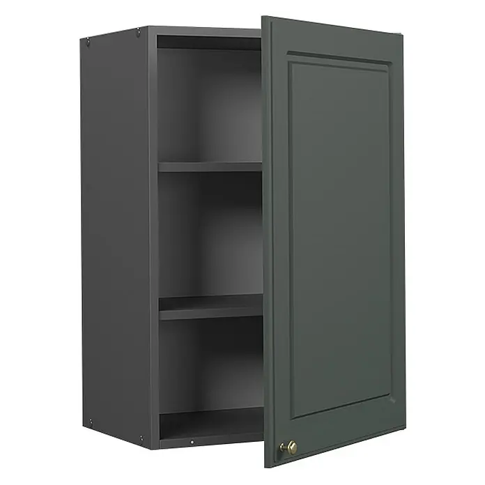 Vicco Schrankküche Fame-Line Grün-Gold Landhaus - Grün-Gold Landhaus, Hängeschrank 50 cm - Dunkelgrauer Schrank mit offener dunkelgrüner Kassettentür, goldenem Griff und zwei Innenregalen.