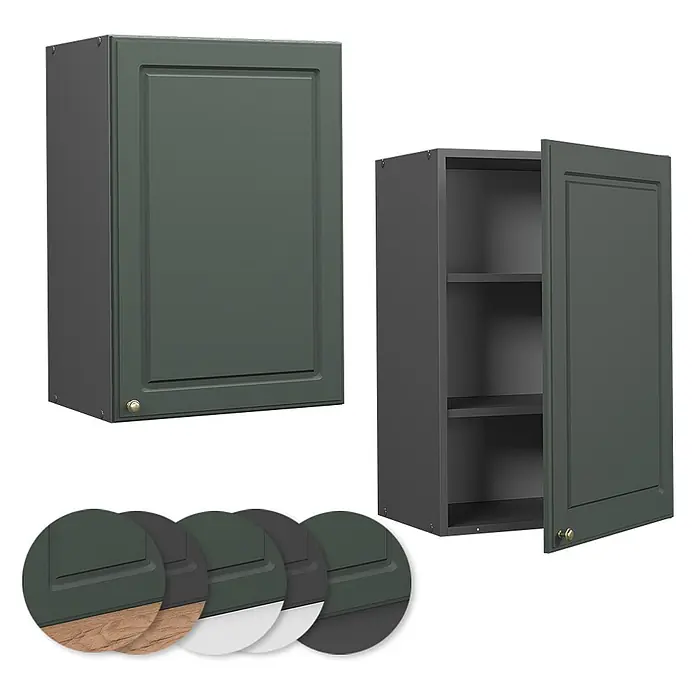 Vicco Schrankküche Fame-Line Grün-Gold Landhaus - Grün-Gold Landhaus, Hängeschrank 50 cm - Tiefgrüner Küchenschrank, in verschiedenen Ausführungen erhältlich, geschlossen und offen mit Innenablagen gezeigt.