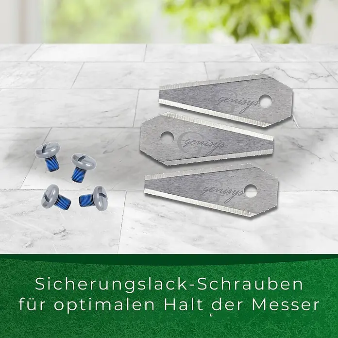 Genisys Ersatzmesser-Set für Mähroboter - Passend für: für Bosch, 9 Stk. - Drei Genisys Metallklingen und vier blaue Sicherungslack-Schrauben für optimalen Halt der Messer.