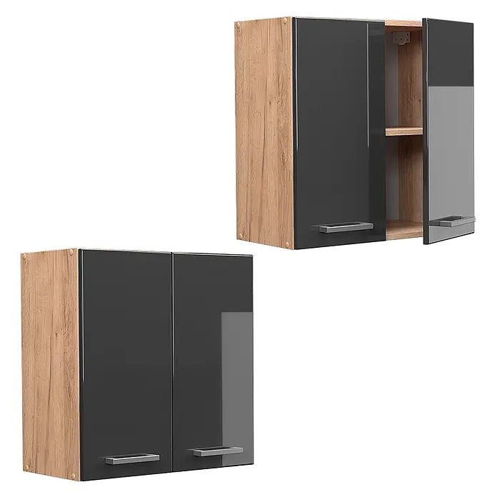 Vicco Schrankküche R-Line Anthrazit Hochglanz - Anthrazit Hochglanz, Hängeschrank 60 cm - Hängeschrank mit Holzdekorseiten und dunkelgrauen Hochglanztüren, eine Tür offen mit Regal.