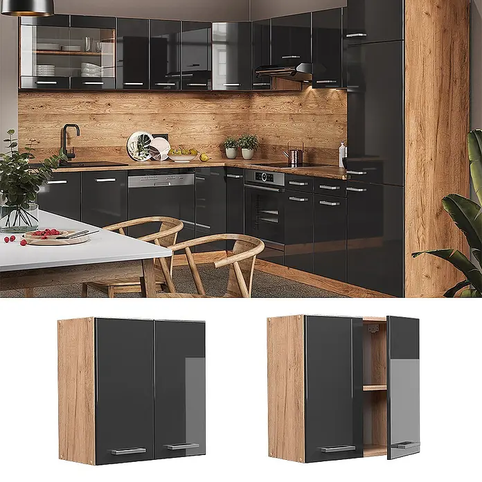 Vicco Schrankküche R-Line Anthrazit Hochglanz - Anthrazit Hochglanz, Hängeschrank 60 cm - Moderne hochglanz dunkelgraue Küche mit Holzakzenten und integrierten Geräten, inklusive separat gezeigtem Wandschrank mit offener Tür und Regal.