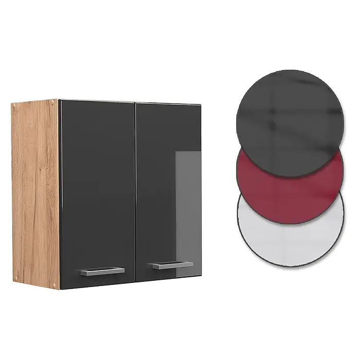 Vicco Schrankküche R-Line Anthrazit Hochglanz - Anthrazit Hochglanz, Hängeschrank 60 cm - Dunkelgrauer Küchenoberschrank mit Holzmaserung, Chromgriffen und Farboptionen.