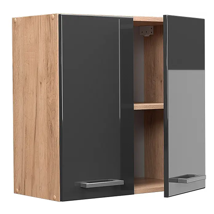 Vicco Schrankküche R-Line Anthrazit Hochglanz - Anthrazit Hochglanz, Hängeschrank 60 cm - Zweifarbiger Hängeschrank mit Seiten in heller Holzoptik und dunkelgrauen Hochglanztüren, eine offenbart Innenregale und silberne Griffe.