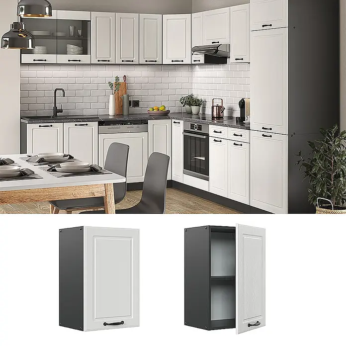 Vicco Schrankküche R-Line Weiß Landhaus - Weiß Landhaus, Hängeschrank 40 cm - Weißer Küchen-Hängeschrank mit Kassettenfront und dunkelgrauem Korpus, in einer modernen Küche.