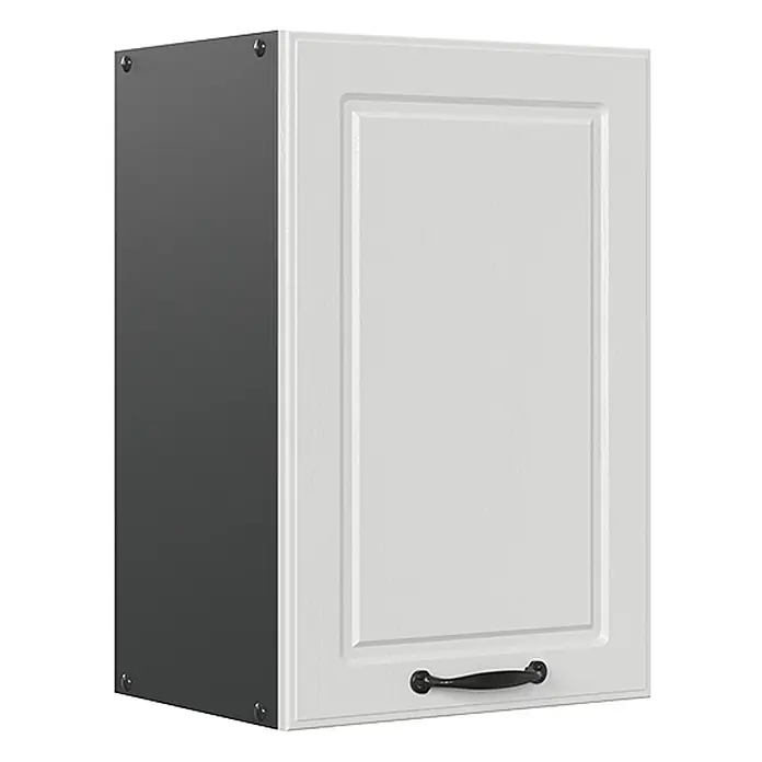 Vicco Schrankküche R-Line Weiß Landhaus - Weiß Landhaus, Hängeschrank 40 cm - Weißer Küchen-Hängeschrank mit dunkelgrauer Seitenwand und schwarzem Griff.