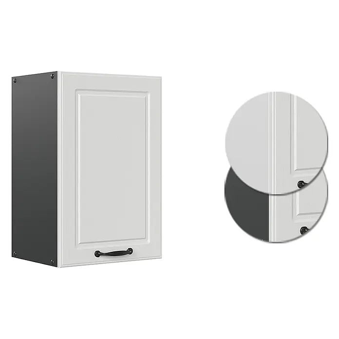 Vicco Schrankküche R-Line Weiß Landhaus - Weiß Landhaus, Hängeschrank 40 cm - Heller strukturierter Hängeschrank mit Kassettentür und schwarzem Griff, Seiten in Dunkelgrau.