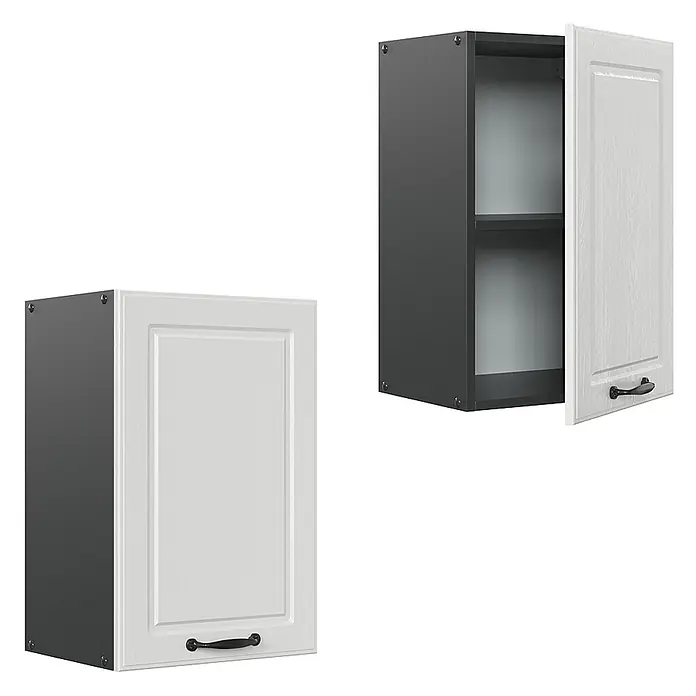 Vicco Schrankküche R-Line Weiß Landhaus - Weiß Landhaus, Hängeschrank 40 cm - Zwei Hängeschränke: einer geschlossen, einer offen mit Regalen, mit dunkelgrauen Korpus und hellen strukturierten Türen und dunklen Griffen.