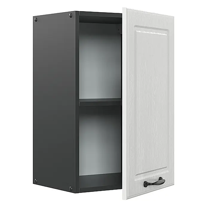 Vicco Schrankküche R-Line Weiß Landhaus - Weiß Landhaus, Hängeschrank 40 cm - Dunkelgrauer Wandschrank mit angelehnter, strukturierter weißer Tür und dunklem Griff, zwei Innenfächer zeigend.