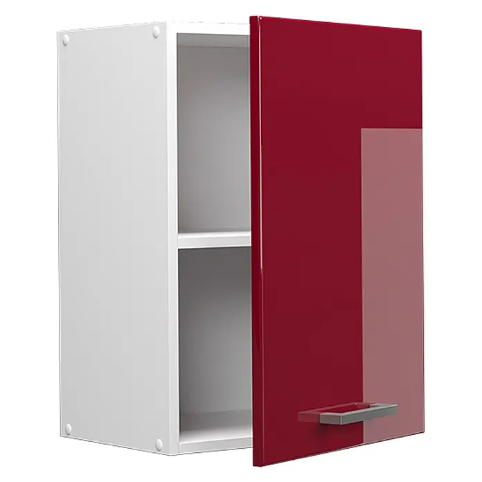 Vicco Schrankküche R-Line Rot Hochglanz - Rot Hochglanz, Hängeschrank 45 cm - Weißer Wandschrank mit einer teilweise geöffneten roten Hochglanztür, der interne Regale zeigt.