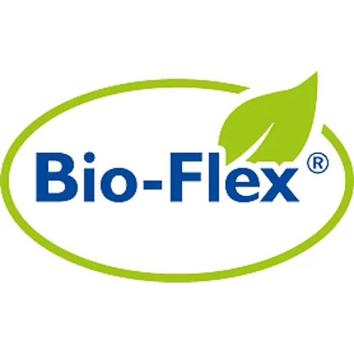 Genisys Befestigungshaken für Mähroboter - Universell, 200 Stk. - Blaues 'Bio-Flex' Logo mit grünem Blatt und ovaler Umrandung.